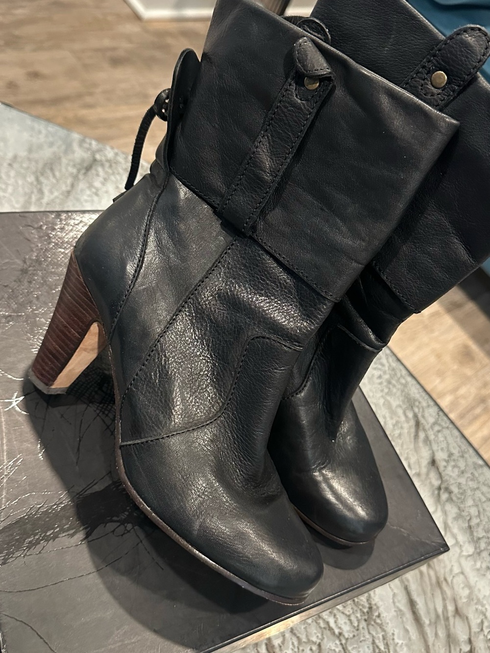 Dolce Vita Black Leather Fold-Over Ankle Boots with Stacked Heel